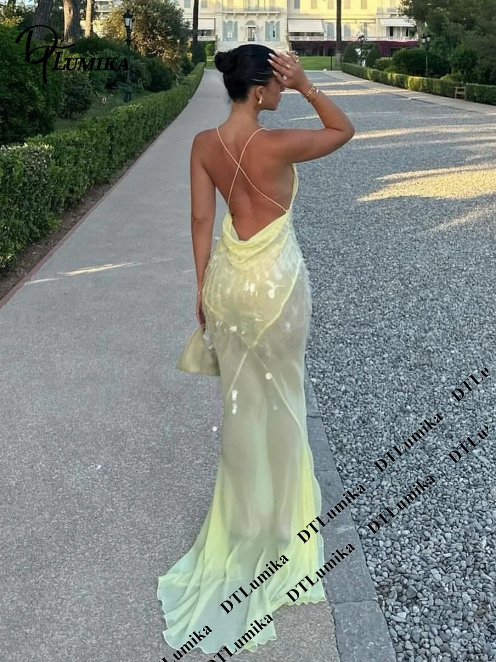 DTLumika Pale Yellow Sequin Slip Maxi Party Dress Beach Holiday Dresses for Women Spaghetti Straps Long Sheath Vacation Gowns view 4