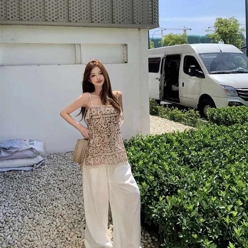 

n Широкие брюки с двусторонним принтом и занавеской из бисера, летний новый комплект Sle в стиле ретро, льняной топ