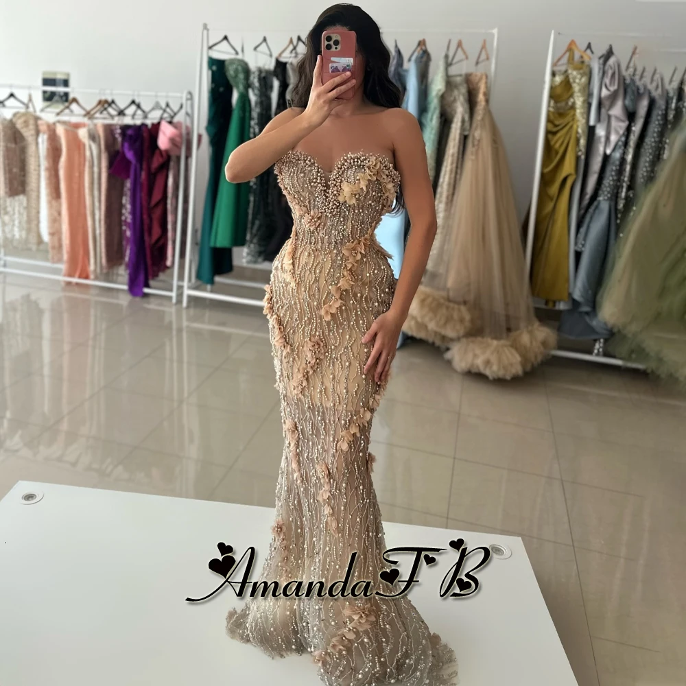 أماندا فساتين سهرة رائعة مطرزة بالخرز لؤلؤ البوق على شكل قلب زهور ثلاثية الأبعاد فستان رسمي للحفلات فيستدوس دي فييستا مخصص #1