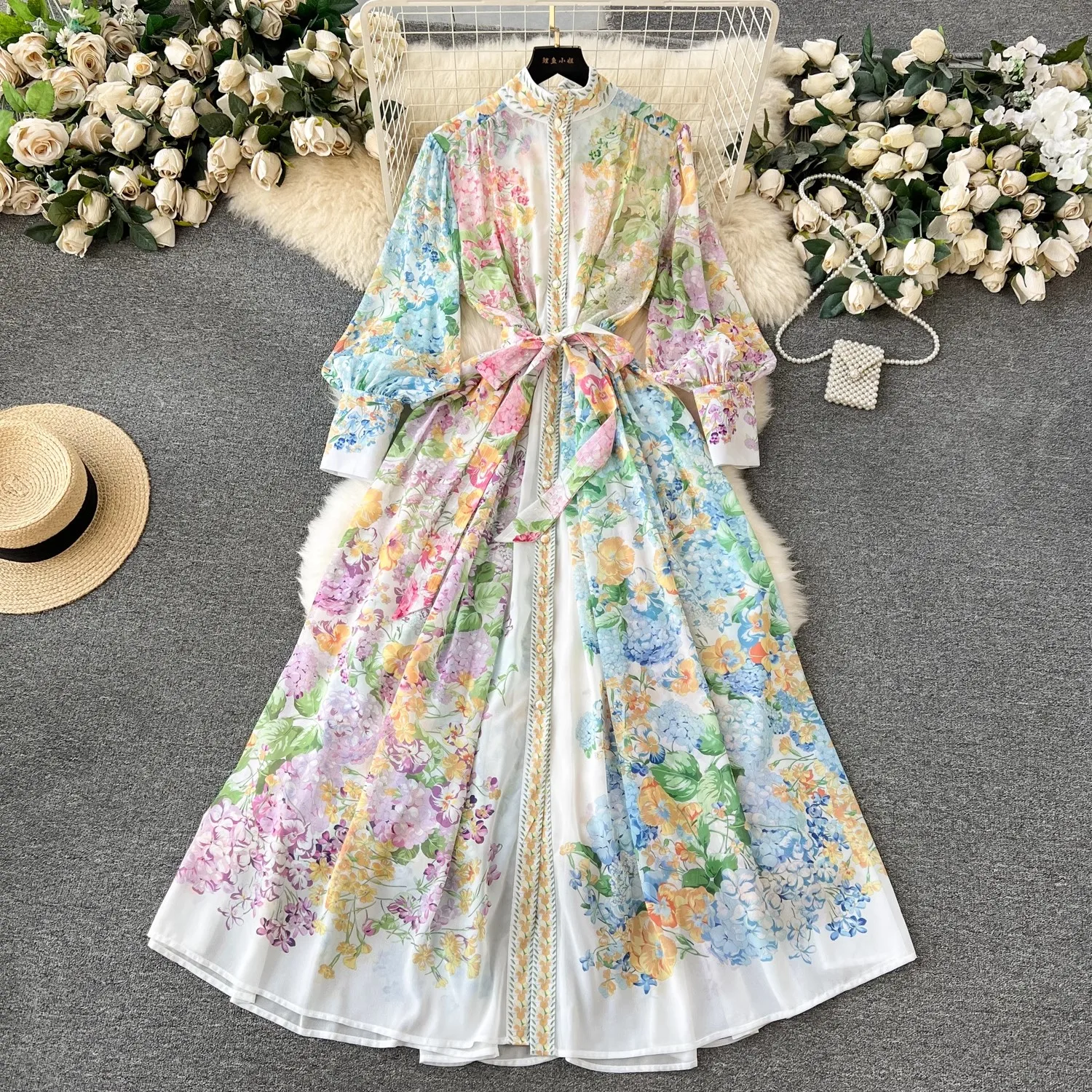 

Bohemian Flower Holiday Maxi Dress Women Stand Lantern Sleeve Single Breasted Loose Lace Up Belt Long Chiffon Robe Vestidos 6380