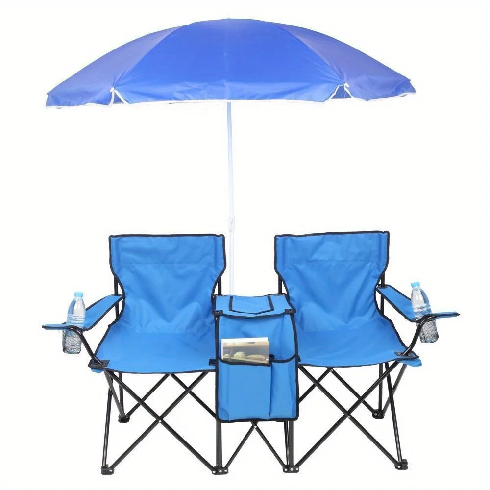 Camping portable outdoor 2-seat folding chair with blue beach umbrella