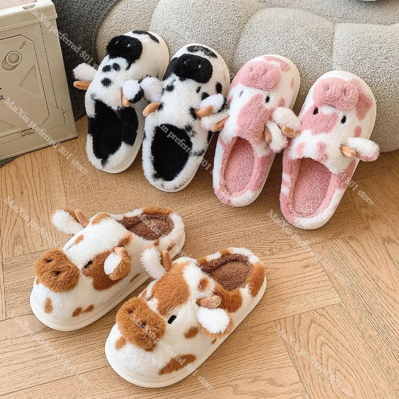 Women's Winter Warm Cartoon Cow Slippers Closed Toe Non Slip Furry House Shoes Women Indoor Bedroom Thick Sole Plush Slippers