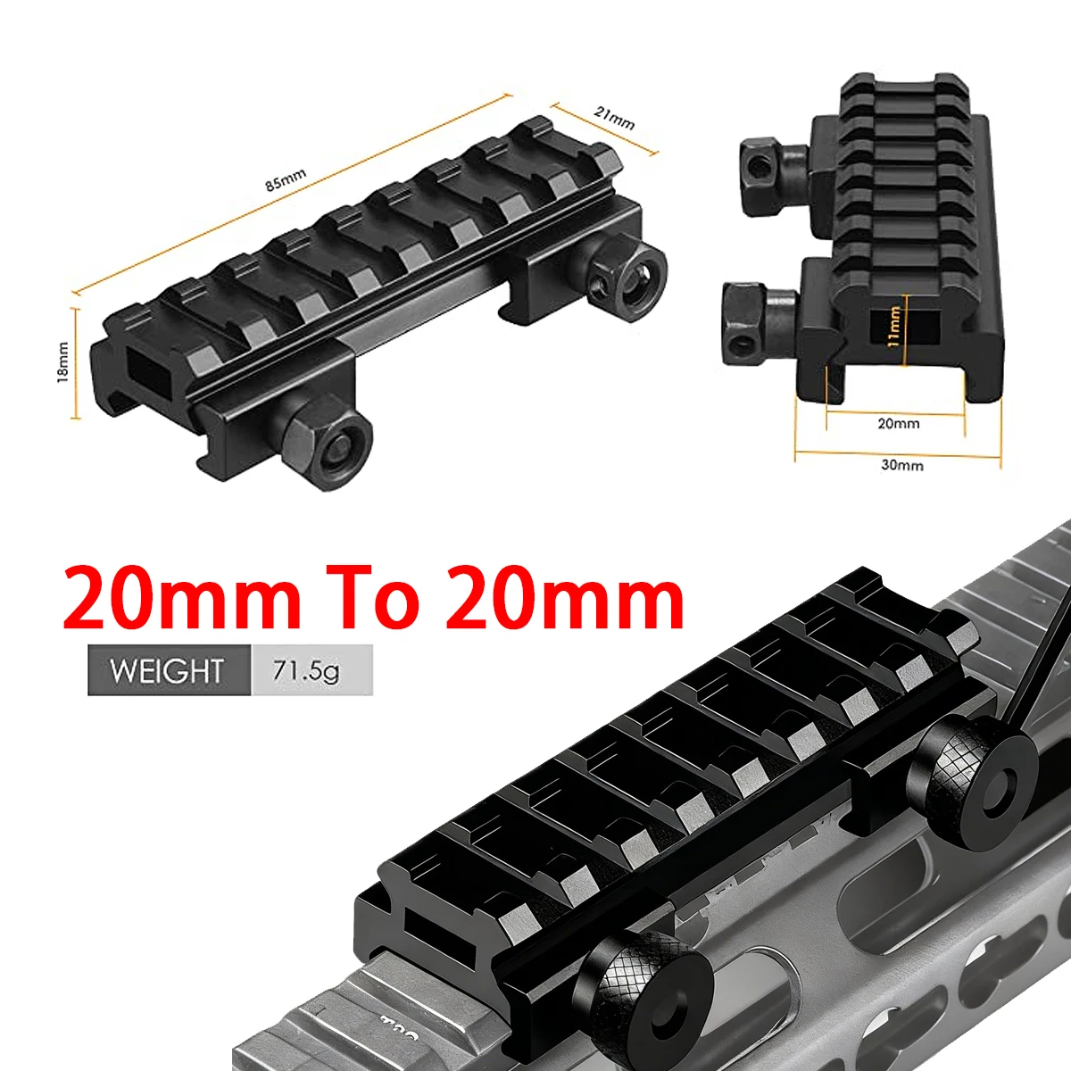 Rail de 20mm à 20mm, 8 emplacements, adaptateur de montage Picatinny élevé, longueur de 85mm, hauteur de 18mm, support de unité pour portée, Rail de vue à point rouge