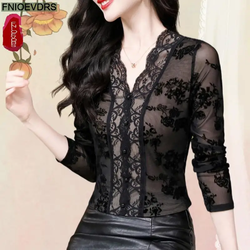 

Retro Vintage Flower Black Lace Tops New Design Women Long Sleeve Office Lady Button Sexy Sheer Mesh Basic Shirts Blouses
