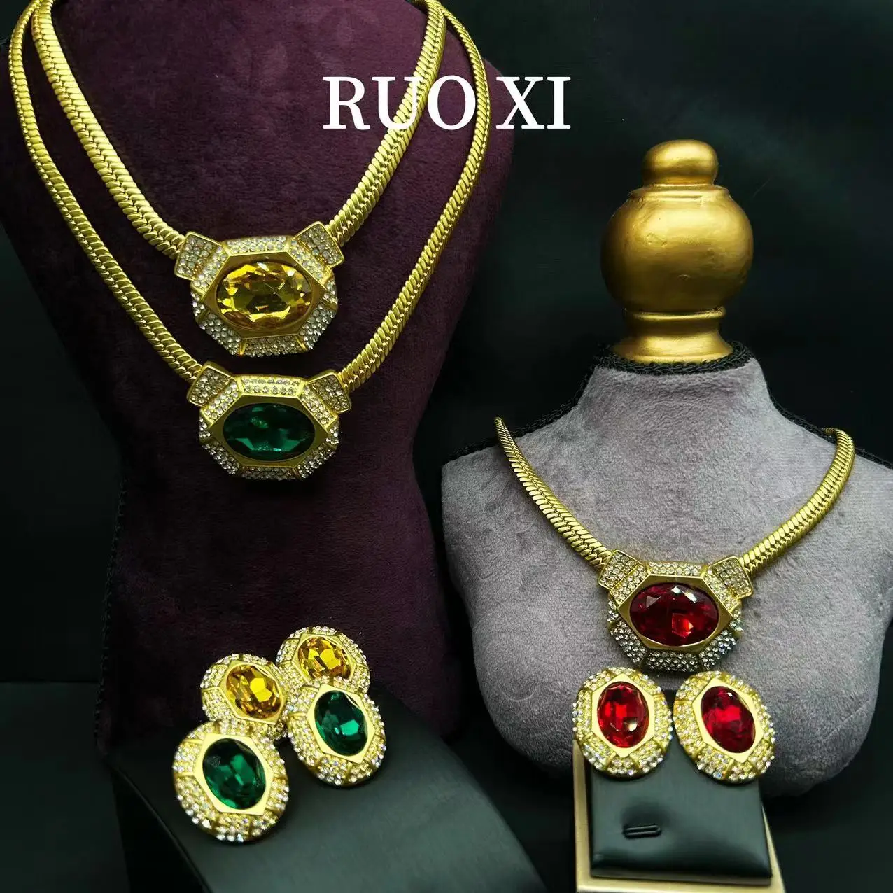 Mid-Ancient Vintage Western Palace Style Standard Color Gem Antique Gold-Plated High-Grade Light Luxury Necklace Earrings