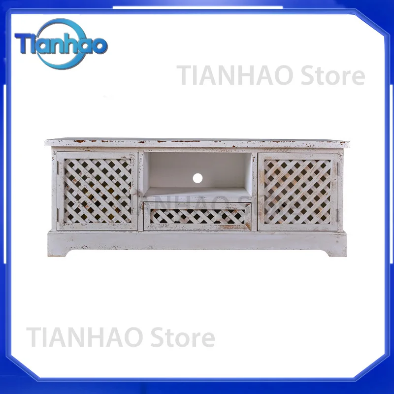 TV Cabinet for American Solid Wood Hollow Retro Grid Style Simple Living Room Occlusion Storage Multi-Functional Pull-Out