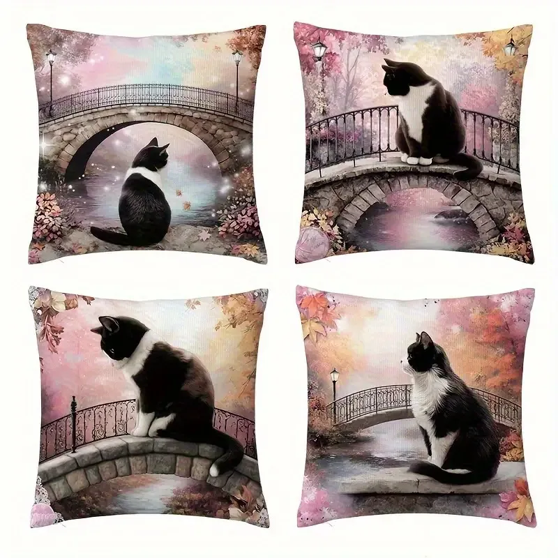 4pcs Retro floral cat leaves digital printing pillow cover Short plush Suitable living rooms bedrooms sofas throw cushion cover