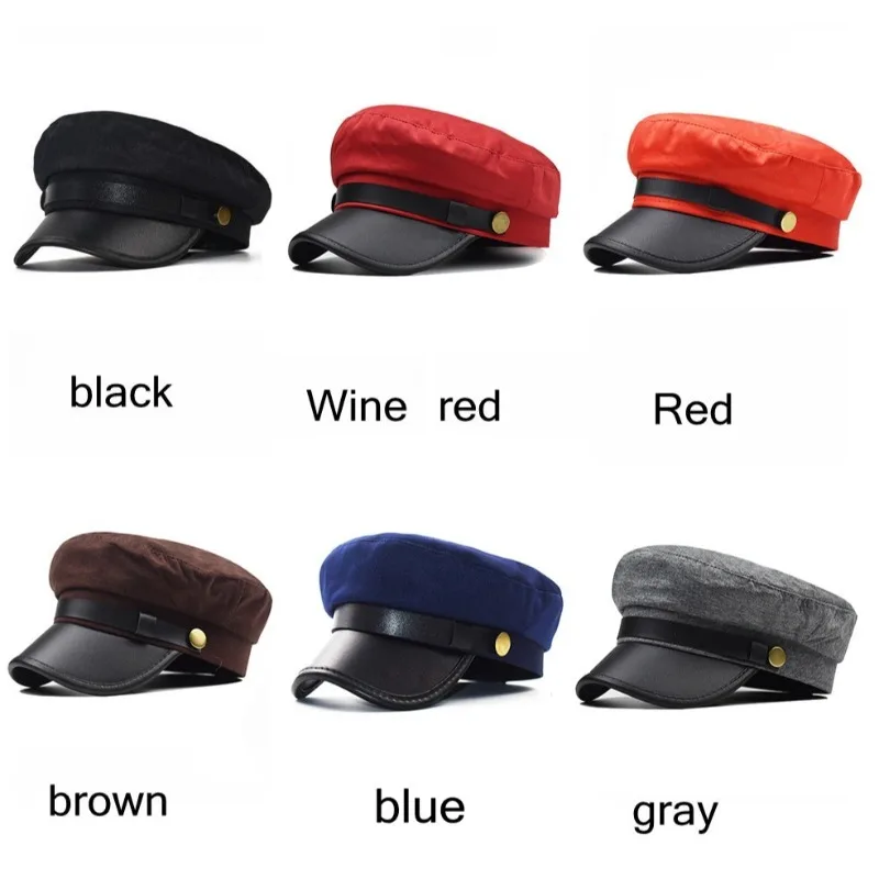 

Unisex PU Leather Hat Autumn Sailor Hats for Women Men Men Black Female Travel Student Hat Captain Hats Flat Top
