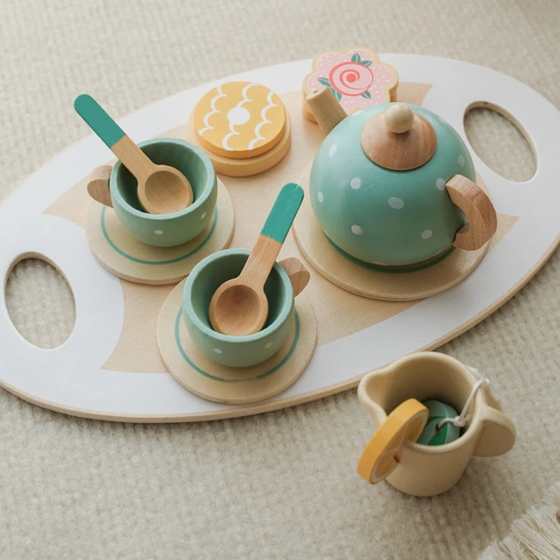 Children Play House Early Education Simulation Afternoon Tea Dessert Brewing Teapot Cup Tea Set of Wooden Toys