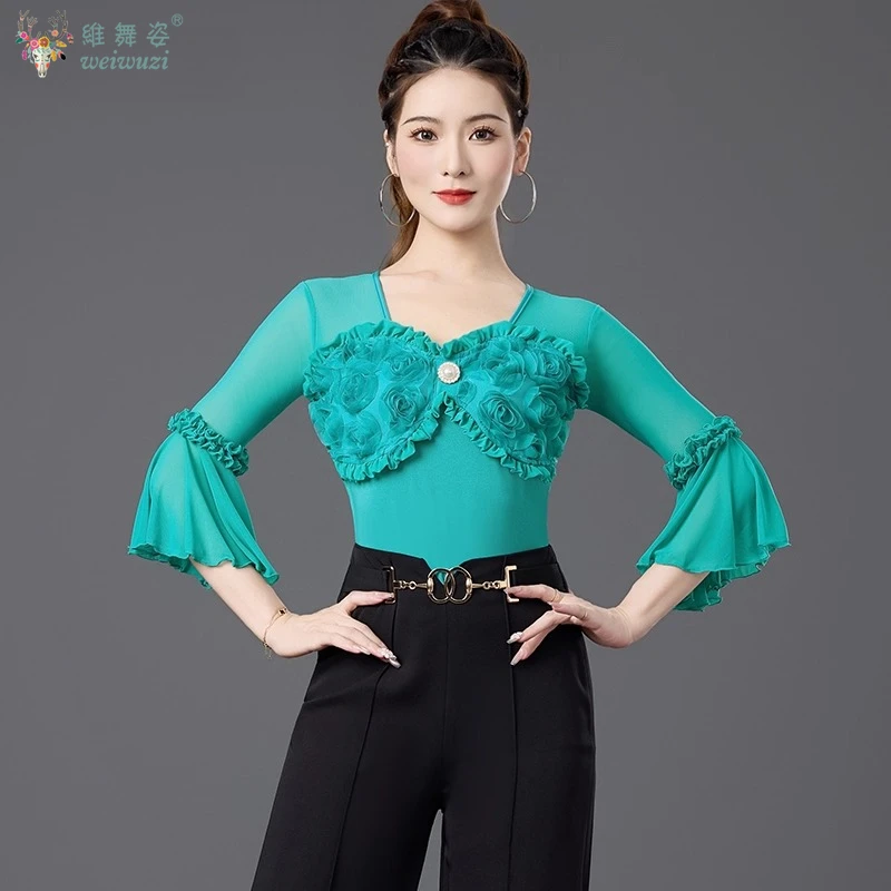 Latin Danskostuum Vrouwen Lange Mouwen Jumpsuit Top Ballroom Dans Cha Samba Rumba Competitie Kleding Praktijk Eendelige Slijtage