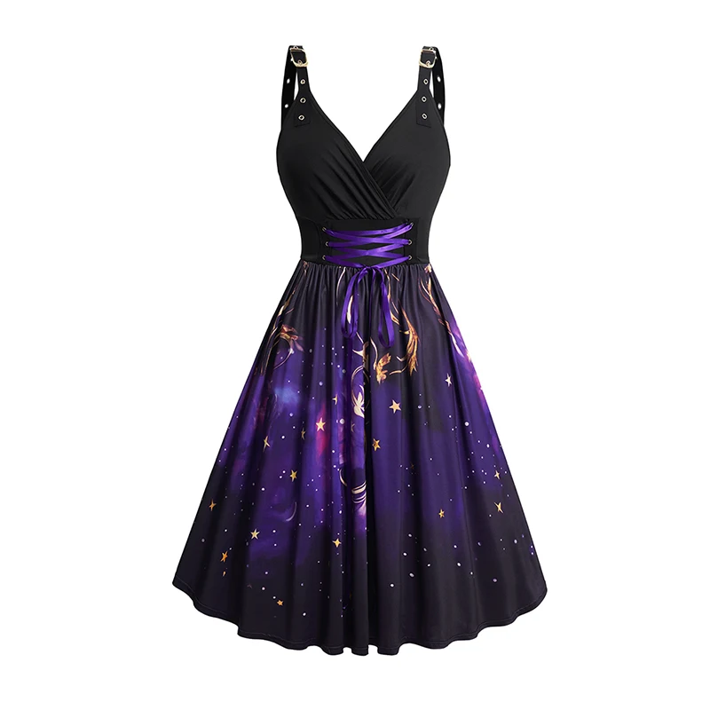 Galaxy Gothic Dresses Print V Neck Grommet Buckle Dress Lace Up Crossover Sleeveless Dress Summer Dresses for Women 2024