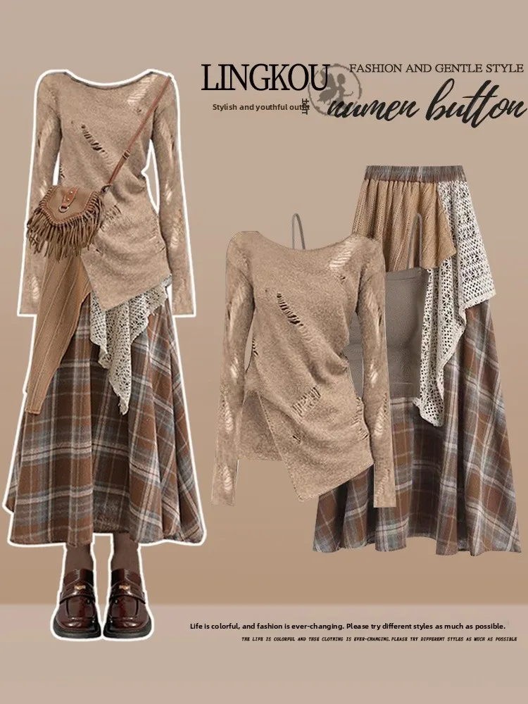 

Весенний комплект больших размеров, женский ажурный асимметричный топ с клетчатой юбкой и ремешком, комплект футболок