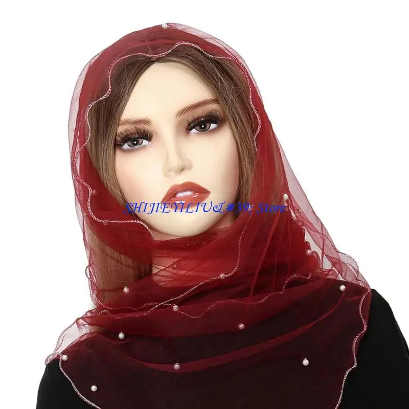 

E21F Элегантная вуаль в стиле хиджаб, кружевная вуаль с вышивкой бисером, испанская вуаль-мантилья для католической церкви