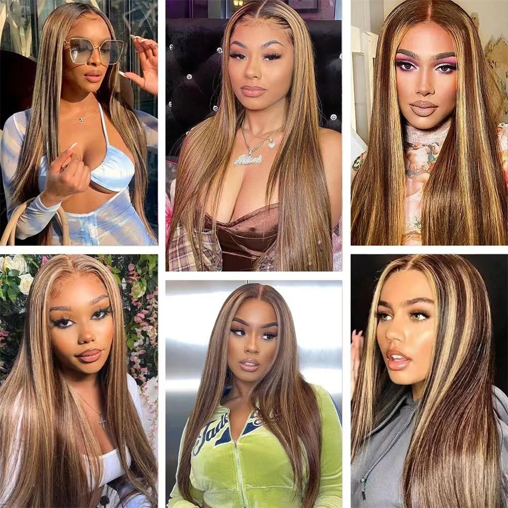 Highlight Human Hair Bundles With Closure P4/27 Colored Straight Bundles With Frontal 13x4 Lace Front and Bundle Hair Weave Remy