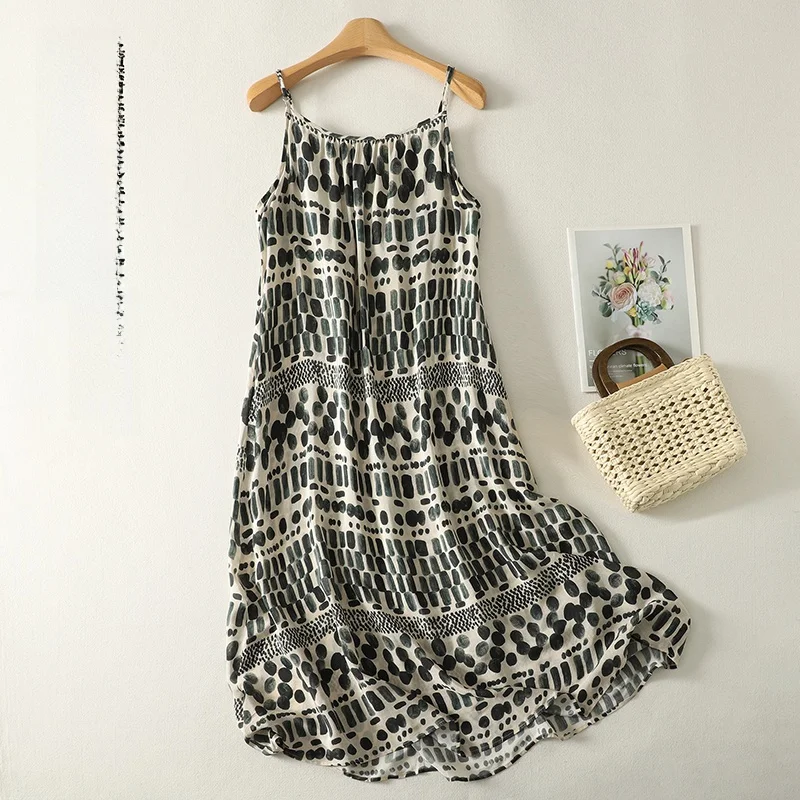 Fashionable Summer Vintage Mood Strap Dress Long Printed Casual Cotton Linen Blend Women's Wrap Dress Elegant Draped Gown