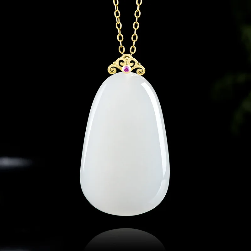 

​​Hetian Jade Wu Shi Necklace, 18K Gold Inlaid White Nephrite Pendant​​ Unisex
