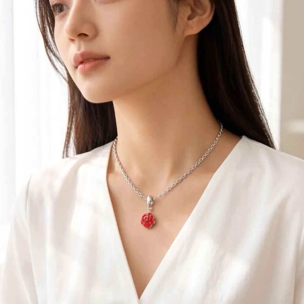 Red Rose Flower Charm 925 Sterling Silver Pendant