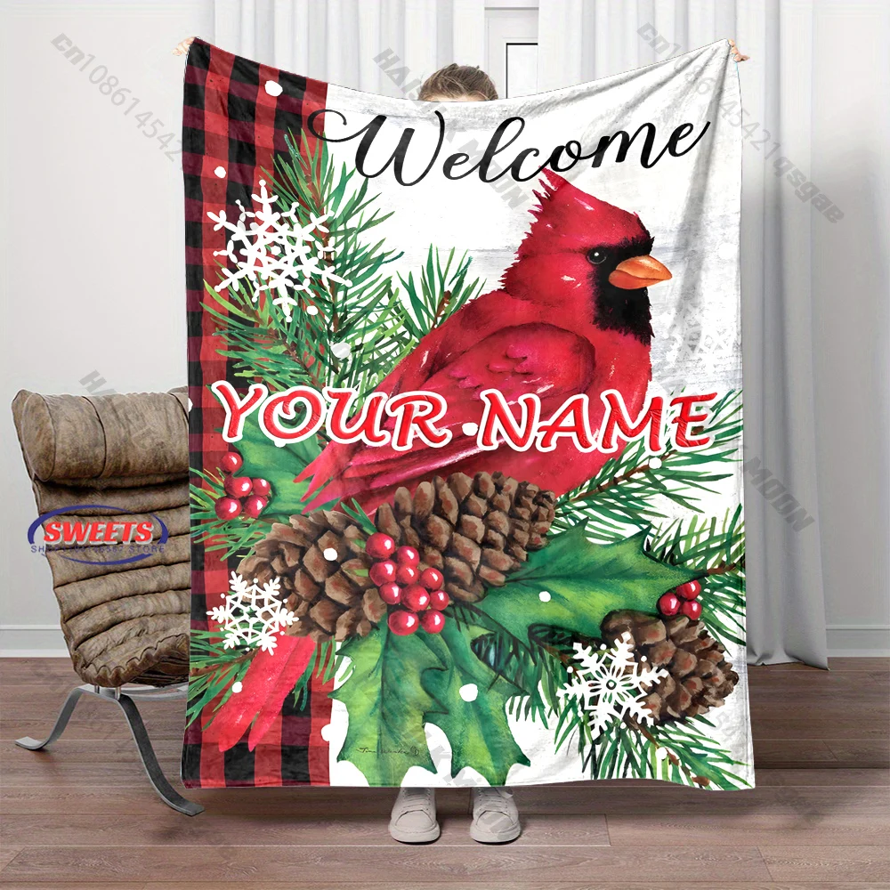 Personalized Name Custom Christmas Blanket Christmas Cardinal Blanket Decor Soft Skin-Friendly blanket，all seasons, Gift