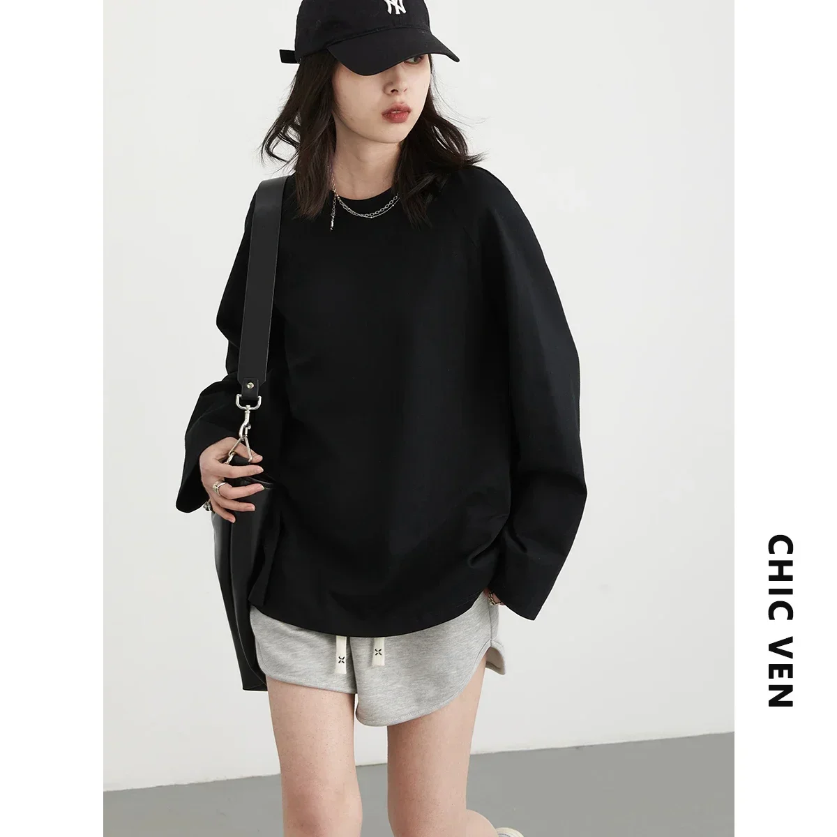 CHIC VEN Women T-shirt Solid New Simple Loose Round Neck Cotton Raglan Long Sleeve Pullover Female Top Spring Autumn 2024