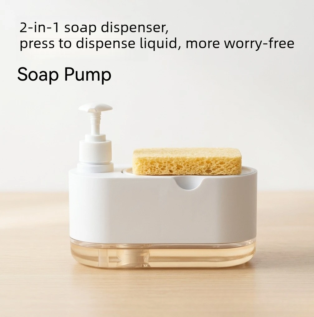Detergent Press, Kitchen Cleaning Double Liquid Dispenser with Scouring Cloth Two-in-one Soap Dispenser