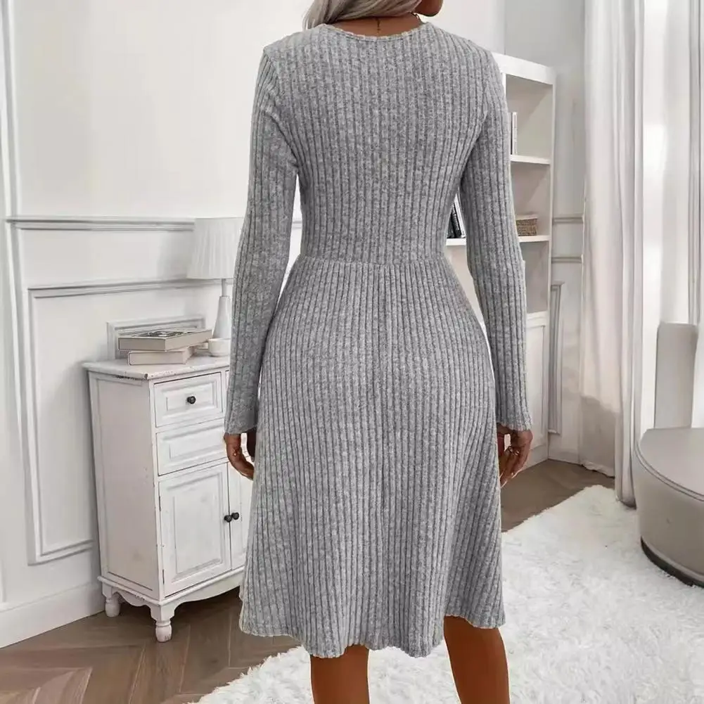 Polyester Women Dress Elegant V Neck Sweater Dress with Button Decor A-line Silhouette for Autumn Winter Commuting Wear High