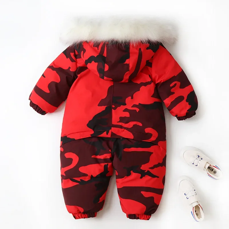 Setelan pakaian Ski bayi kamuflase, jumpsuit hoodie kerah bulu untuk anak perempuan, baju monyet bayi, setelan Ski mode kamuflase musim dingin 2024