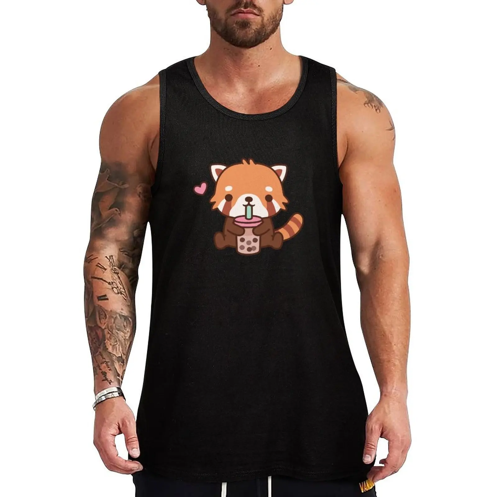 Cute Little Red Panda Loves Bubble Tea Tank Top Classic Fit Tank Tops Undershirt Everyday Wear