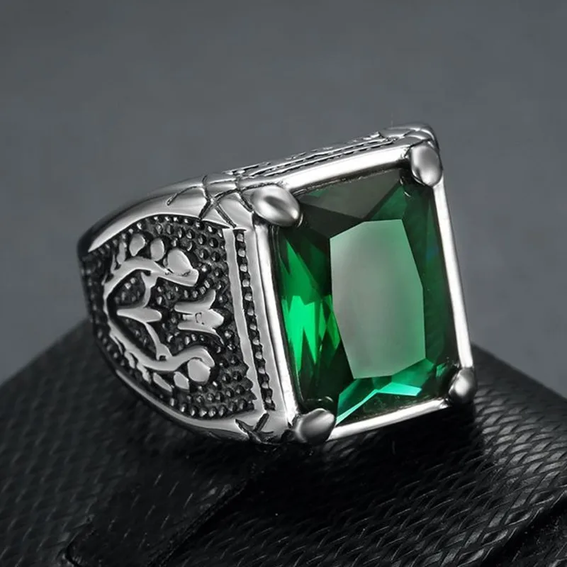 Tulip Pattern Carved Square Gemstones Stainless Steel Rings for Men Cool Masculine Finger Bands Vintage Accessories Sizes 7-15