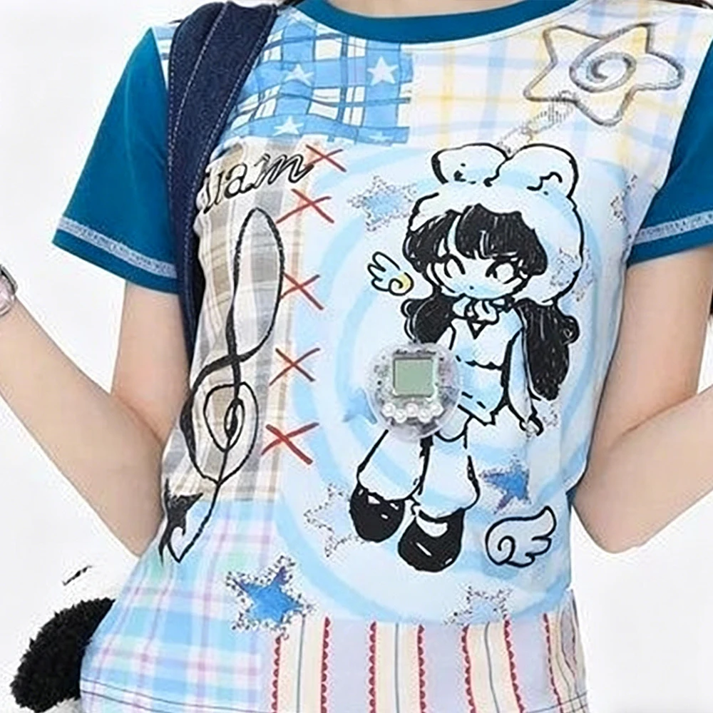 Japanese Printed T-Shirt Short Sleeved Round Neck Cartoon Slim Fit Women's Preppy Casual Office Cute Sweet Women's Top New Style