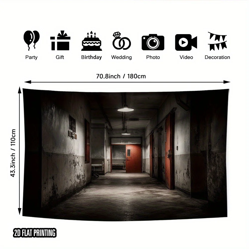 Un bannière de fond de couloir d'hôpital abandonné d'Halloween - Décoration murale en tissu polyester durable, ornement d'Halloween