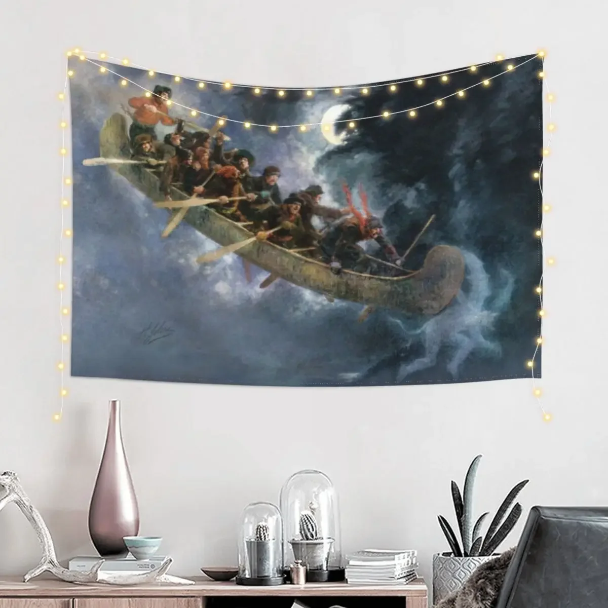 La Chasse-galerie The Bewitched Canoe The Flying Canoe French-Canadian Quebec legend painting by Henri Julien HD HIGH Q Tapestry