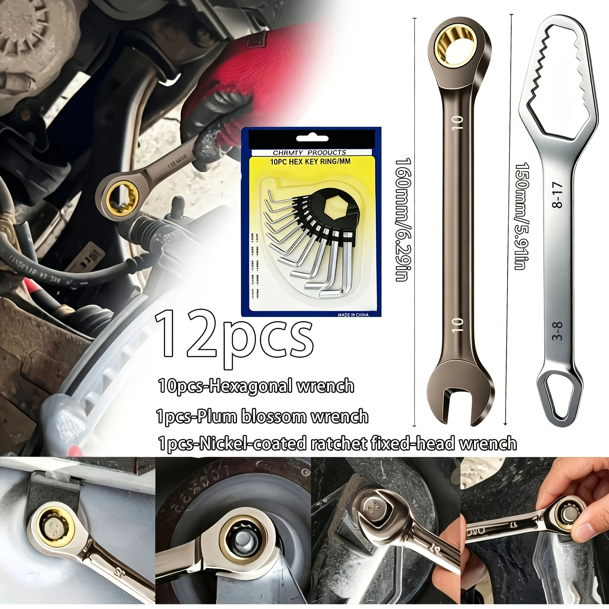 12pcs Wrench Set, 10mm 72-Tooth Reversible Ratchet Wrench with 180° Flex Head, Ring Spanner & 10 Hex Keys, Cr-V Steel