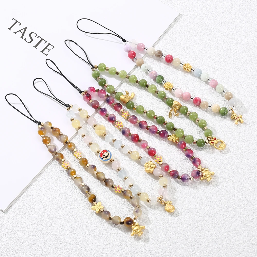 Creative Fashion Phone Chain Round Beaded Animal Pendant Mobile Phone Strap For Women Anti-Drop Cellphone Lanyard Jewelry