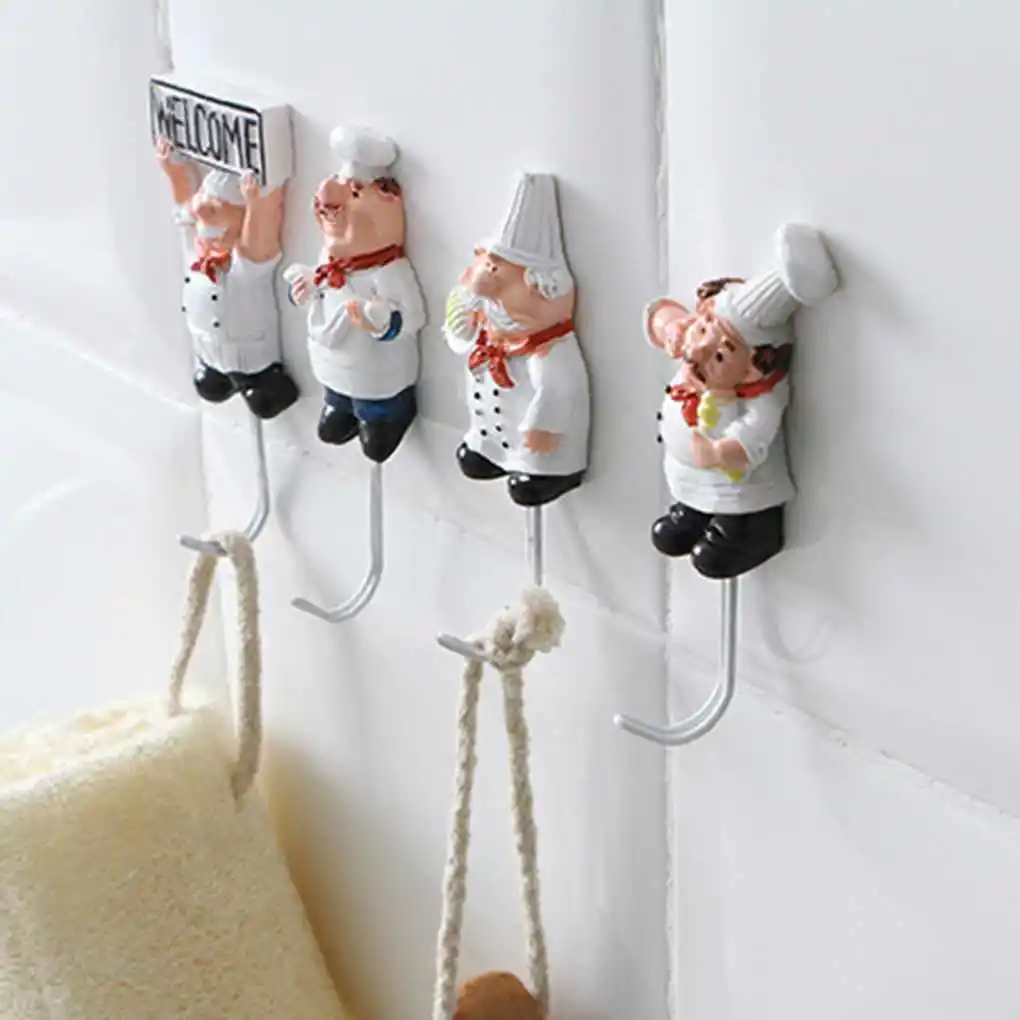 4pcs Cartoon Chef Stainless Steel Sticky Hook Clothes Coat Hat Hanger Kitchen Bathroom Rustproof Towel Hooks