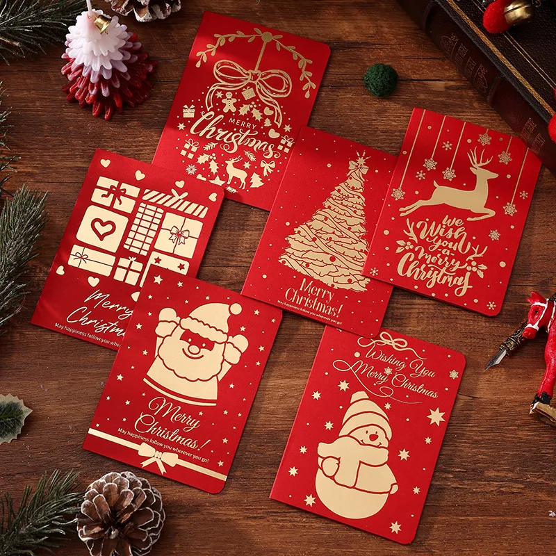 6 pçs/set vermelho cartões de natal com folha de ouro árvore de natal santa veados cartões de férias para presente de ano novo, família, amigos