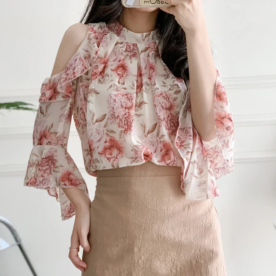 New Top Strapless Women Blouse O-Neck Print Chiffon Blouse Shirt Women Tops Blouses Shirts Blusas Para Mujer Camisas 2024 M123