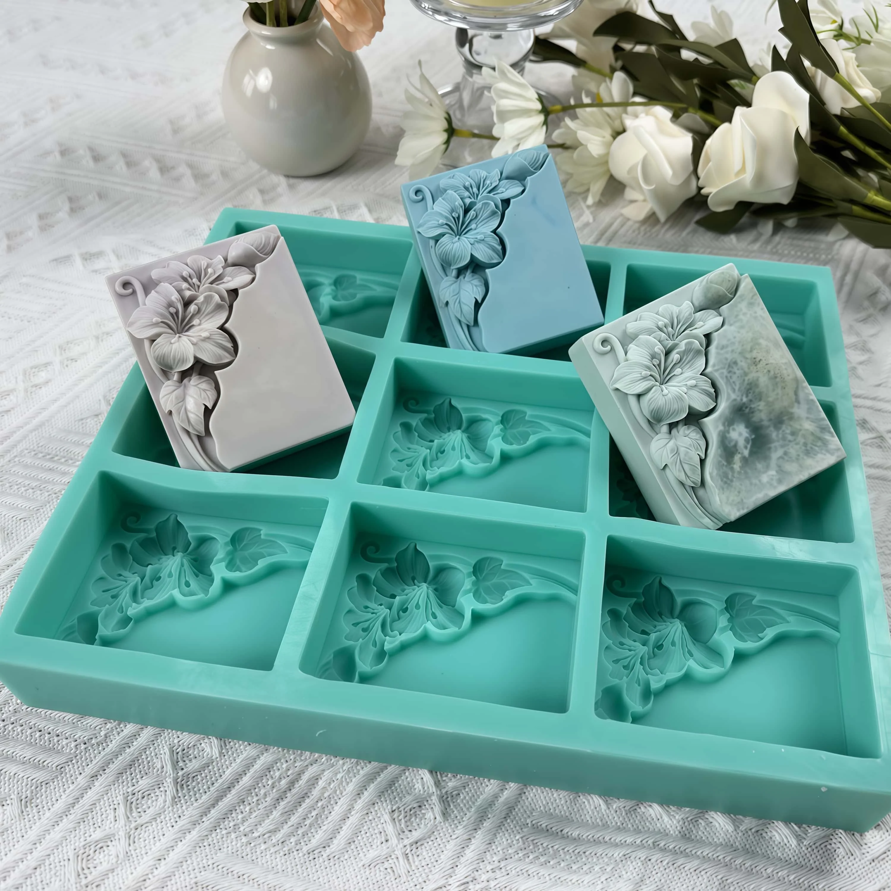 9 Cavities Tung Flower Soap Mold Floral Silicone Molds for Natural Soap Making