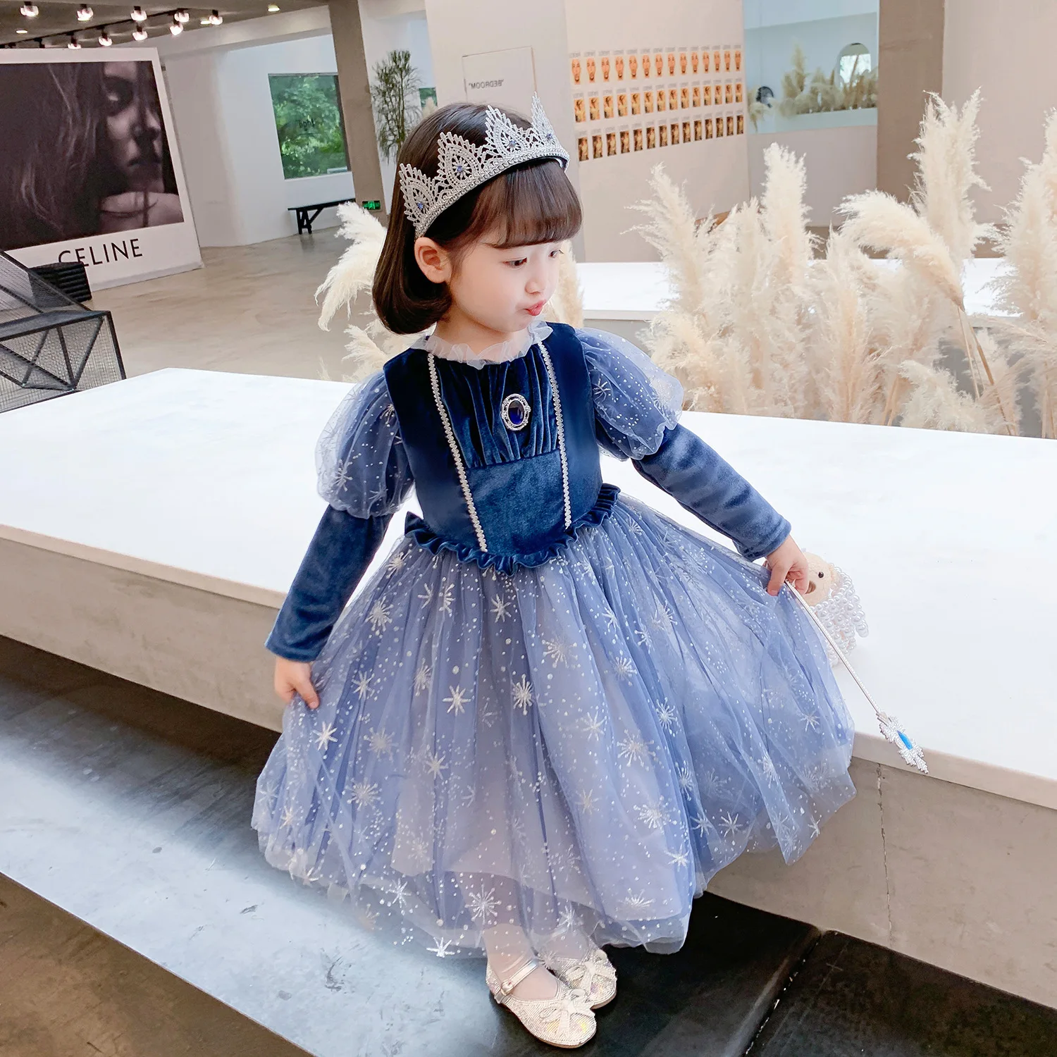 Children Long Sequin Dress for Girls Blue Velvet Elsa Halloween Snow Queen Costumes Child Birthday Palace New Year Puff Dresses