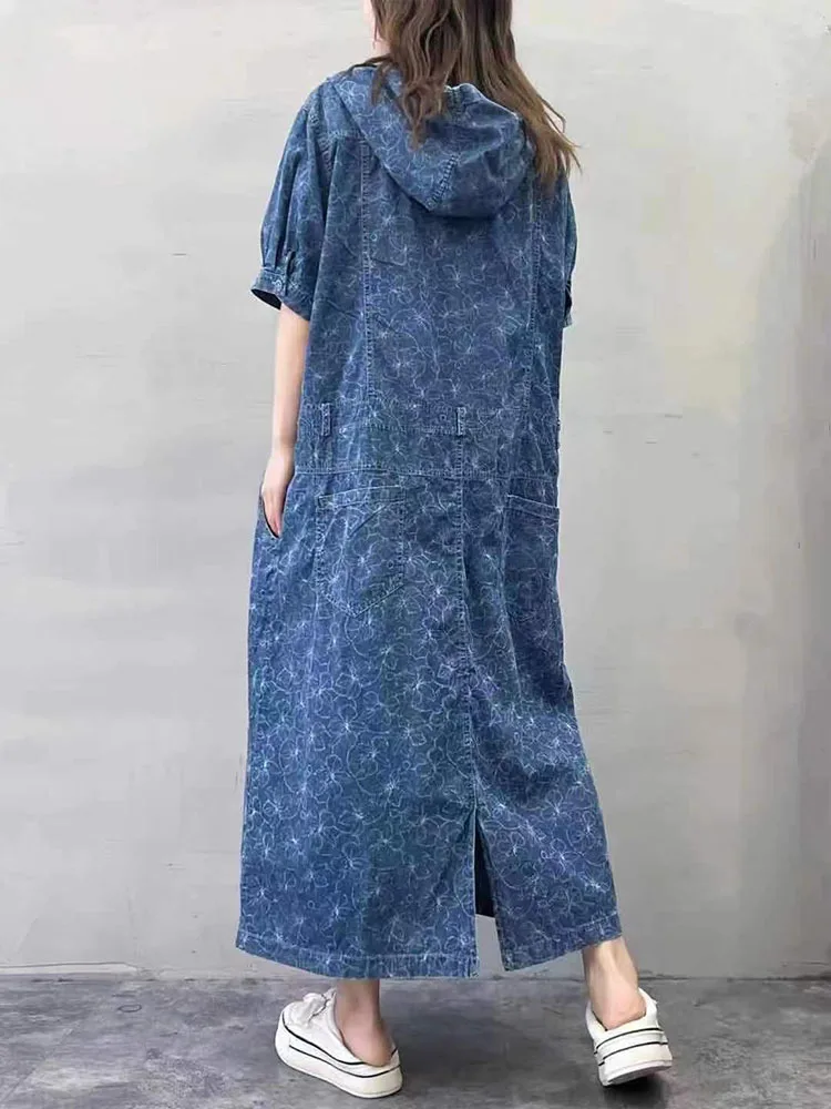 Max LuLu 2023 Summer Long Clothes Womens Fashion Loose Printed Denim Hooded Dresses Korean Ladies Luxury Elegant Floral Vestidos