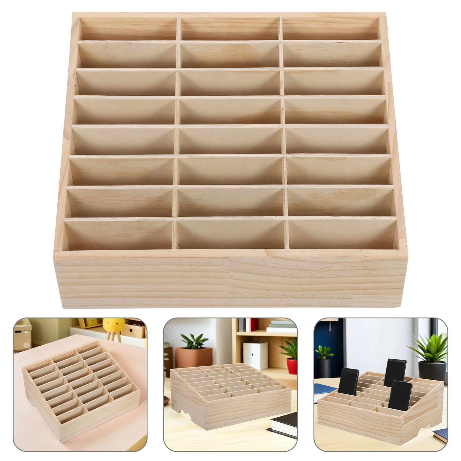 

24 Grid Wooden Desktop Organizer Box Cell Phone Holder Case for School Office Storage Wooden Desk Organizer Box with Multi-Phone