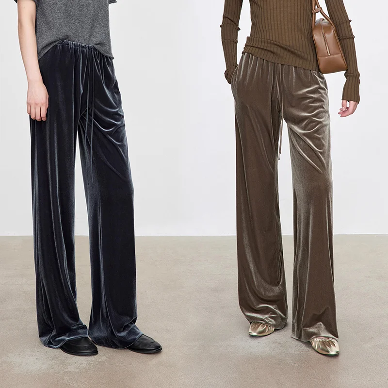 الحرير المخملية سراويل تقليدية المرأة لامعة الساق عالية الخصر مستقيم الساق تخفيف Sle منتصف تمتد الخريف Faion 2025