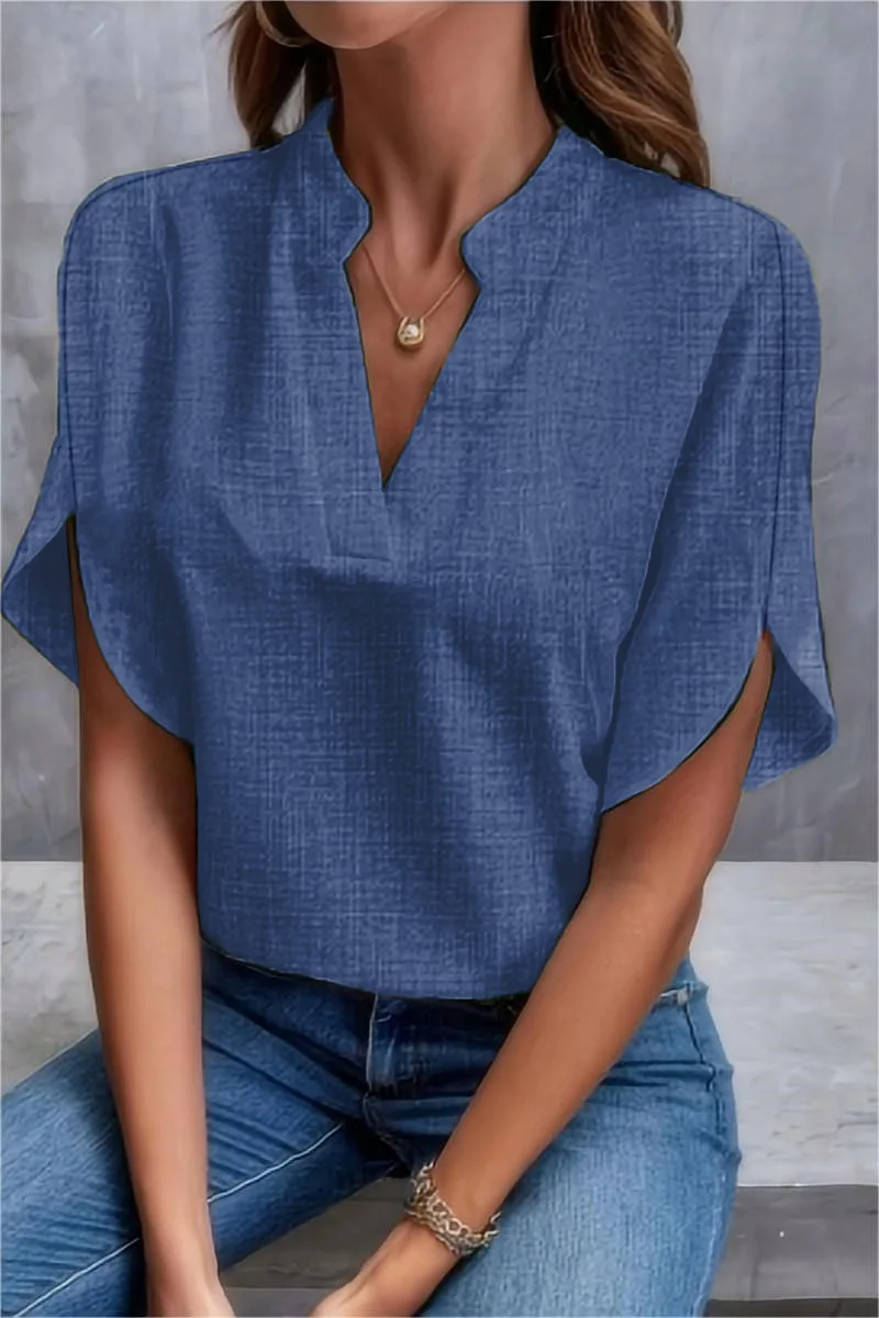 Summer Casual V-neck Shirt Blouse Women Fashion Pure Color Short Sleeve Shirts For Women 2024 Office Ladies Elegant Blouse Tops