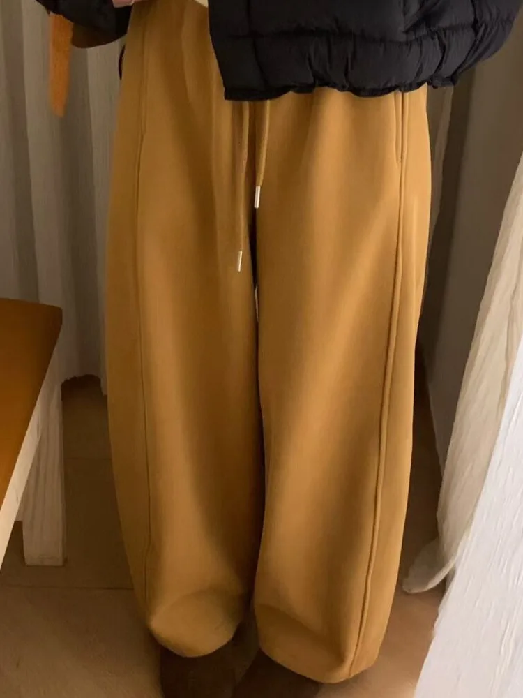 الكورية Sle عالية الخصر Dstring Fce اصطف السراويل النسائية فضفاضة التخسيس الخريف الشتاء Faion مرونة الخصر