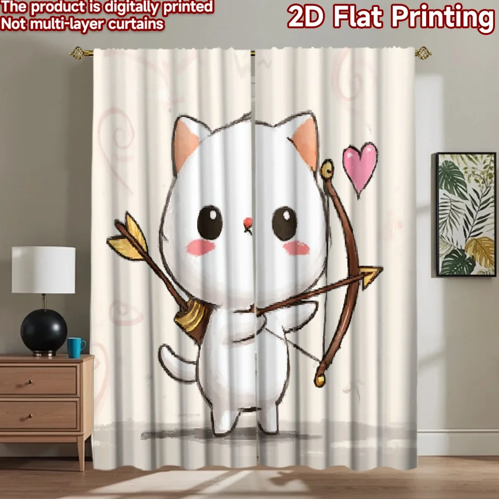 

2D flat printing 2pcs Window Treatment Curtains Cute cat cupid bow Digital Printed Polyester Drapes Festive Wall Decor Use for