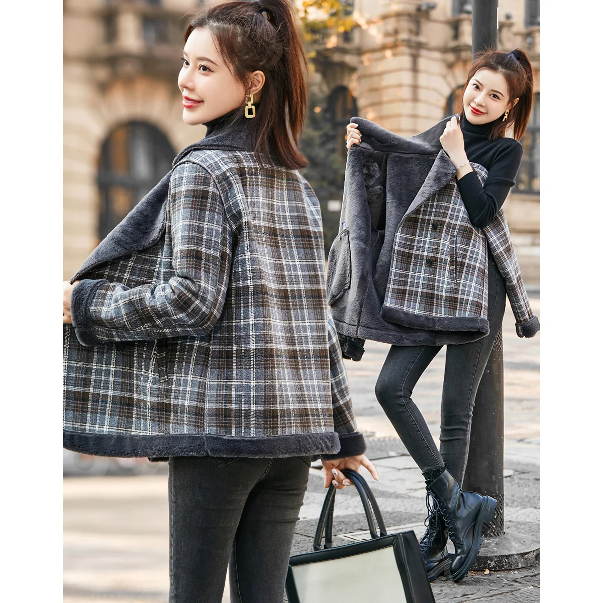 Winter New Retro Plaid Double Breasted Warm Imitation Fur Coat Women Loose High Quality Female Jackets