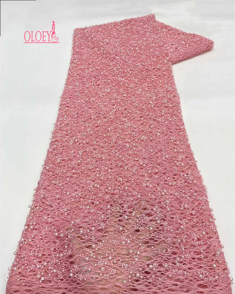 

OLOEY African Sequins Beaded Groom Lace Fabric High Quality French Tulle Lace Fabric Embroidery Nigerian Lace Fabric