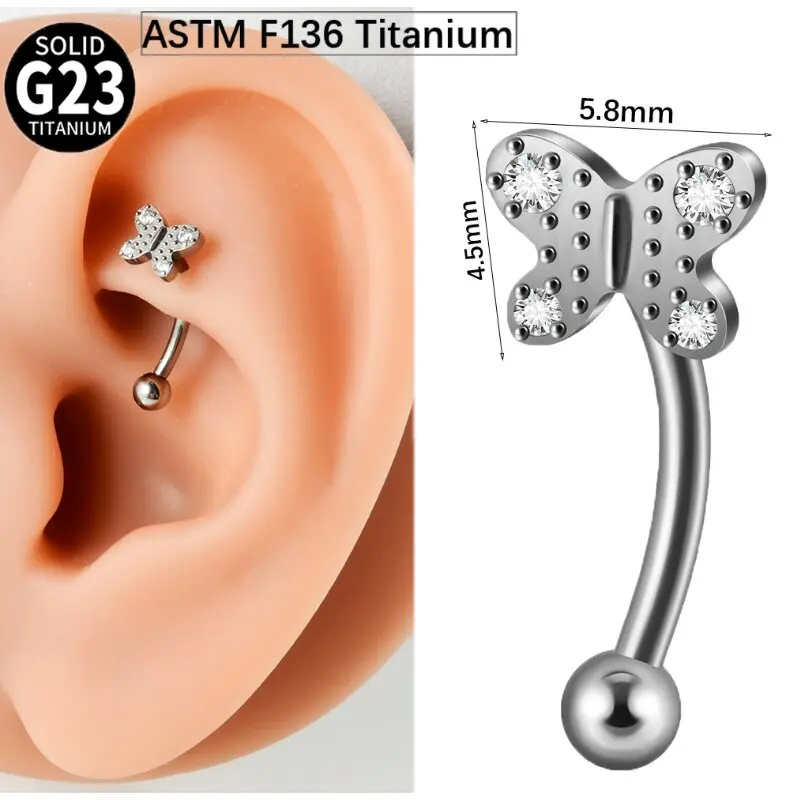 TITANIUM F136 internal threaded  Zircon Rook Piercing Jewelry Eyebrow nail, niche navel nail, 1.2mm Curved Barbell Earring