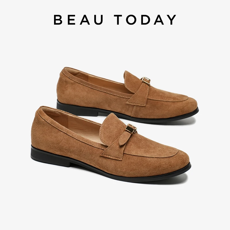 BEAUTODAY ريترو المتسكعون النساء جلد البقر المدبوغ جولة تو مشبك معدني حزام الخياطة الانزلاق على الشقق أحذية السيدات اليدوية 26325