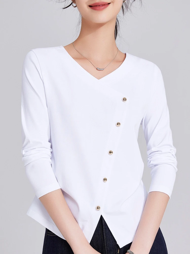 

2025 Asymmetric Button Shirt Women Designer V-Neck Structured Shoulder Long Sleeve White Cottagecore Elegant Top
