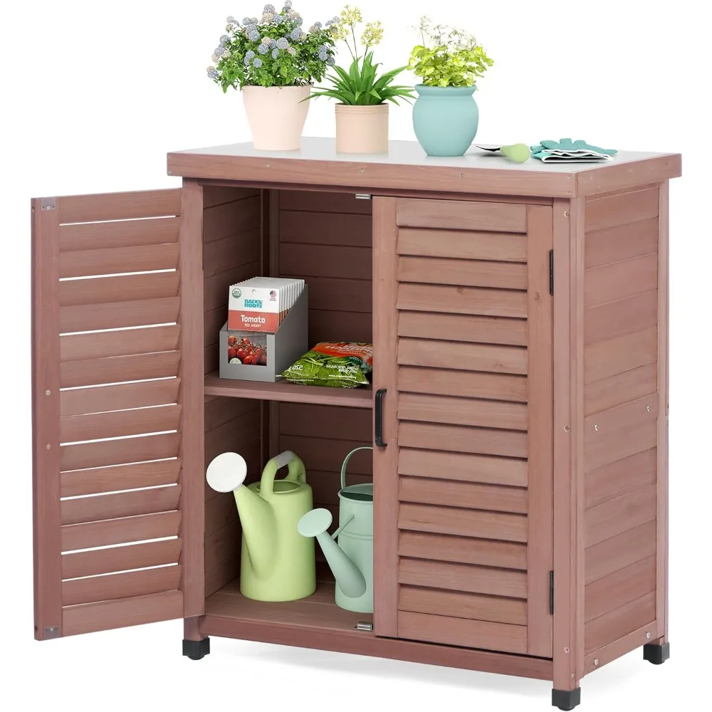 

Outdoor Storage Cabinet & Potting Bench Table with Metal Top, Wooden Patio Furniture, Garden Workstation (Dark Brown, 36x31x17in